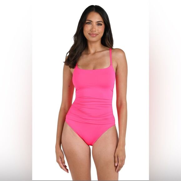 La Blanca Women's Island Goddess Rouched One Piece Swimsuit Bright Pink 2 NWT - Picture 1 of 9